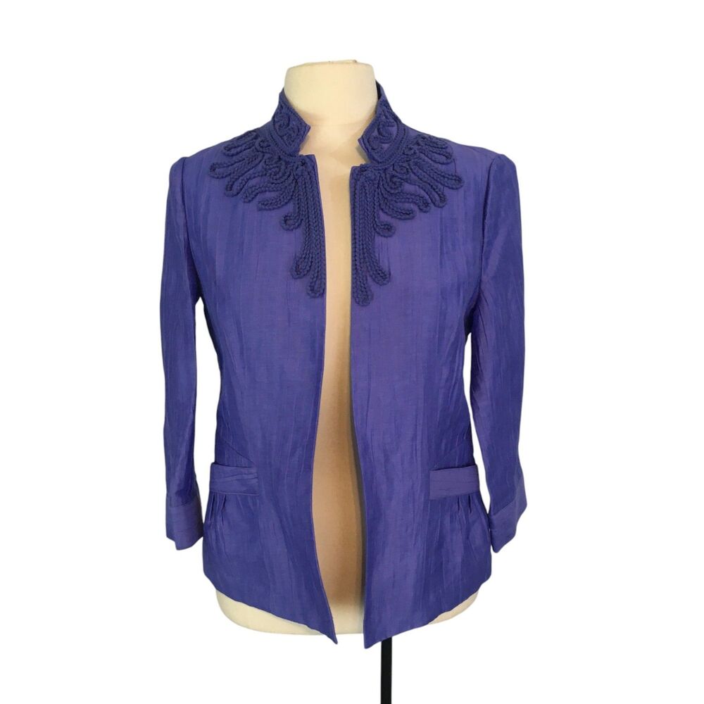 Chico's Womens Purple Linen‎ Embellished 3/4 Sleeves Blazer Jacket Small 38 bust
